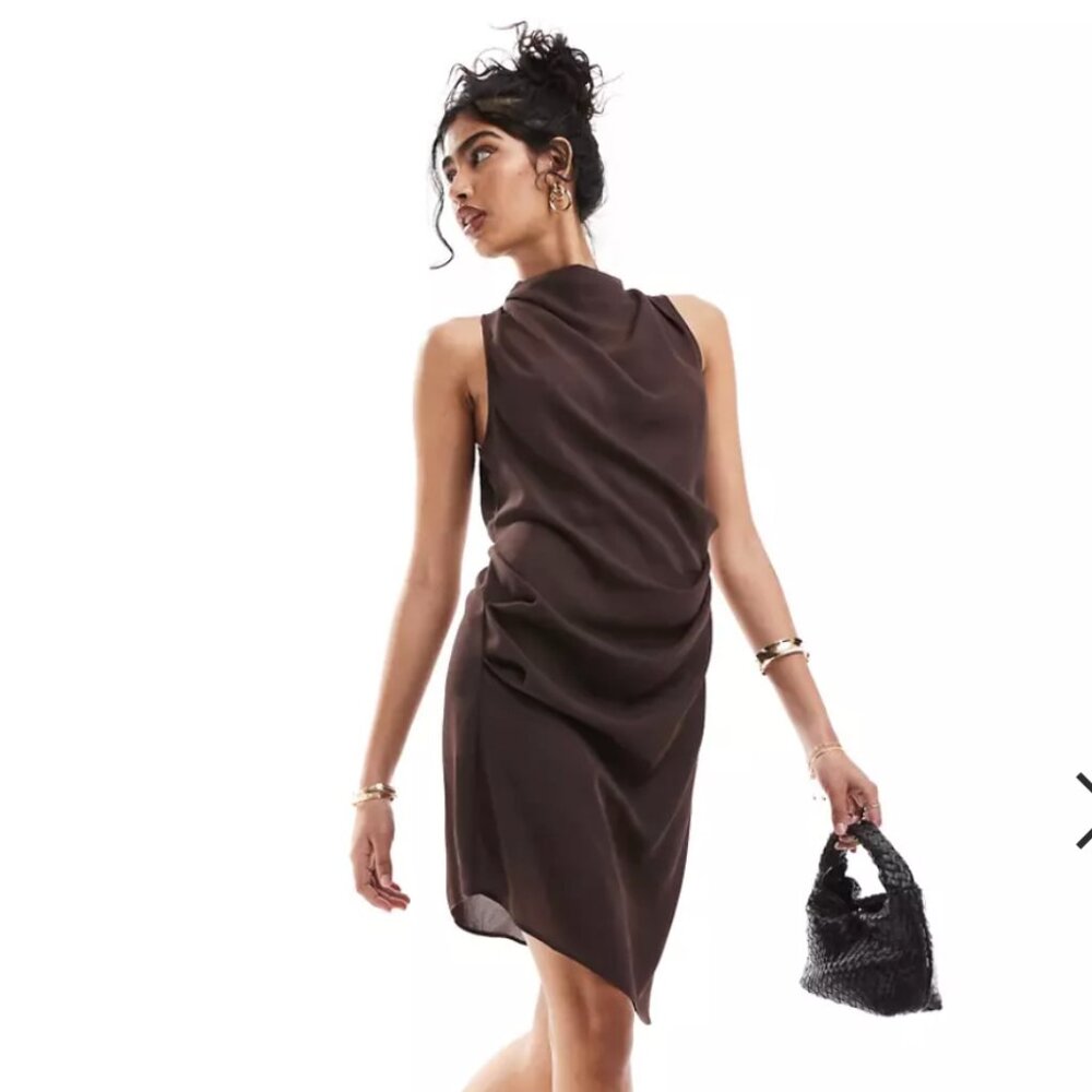 ASOS DESIGN cowl neck drape asymmetric midi dress in chocolate